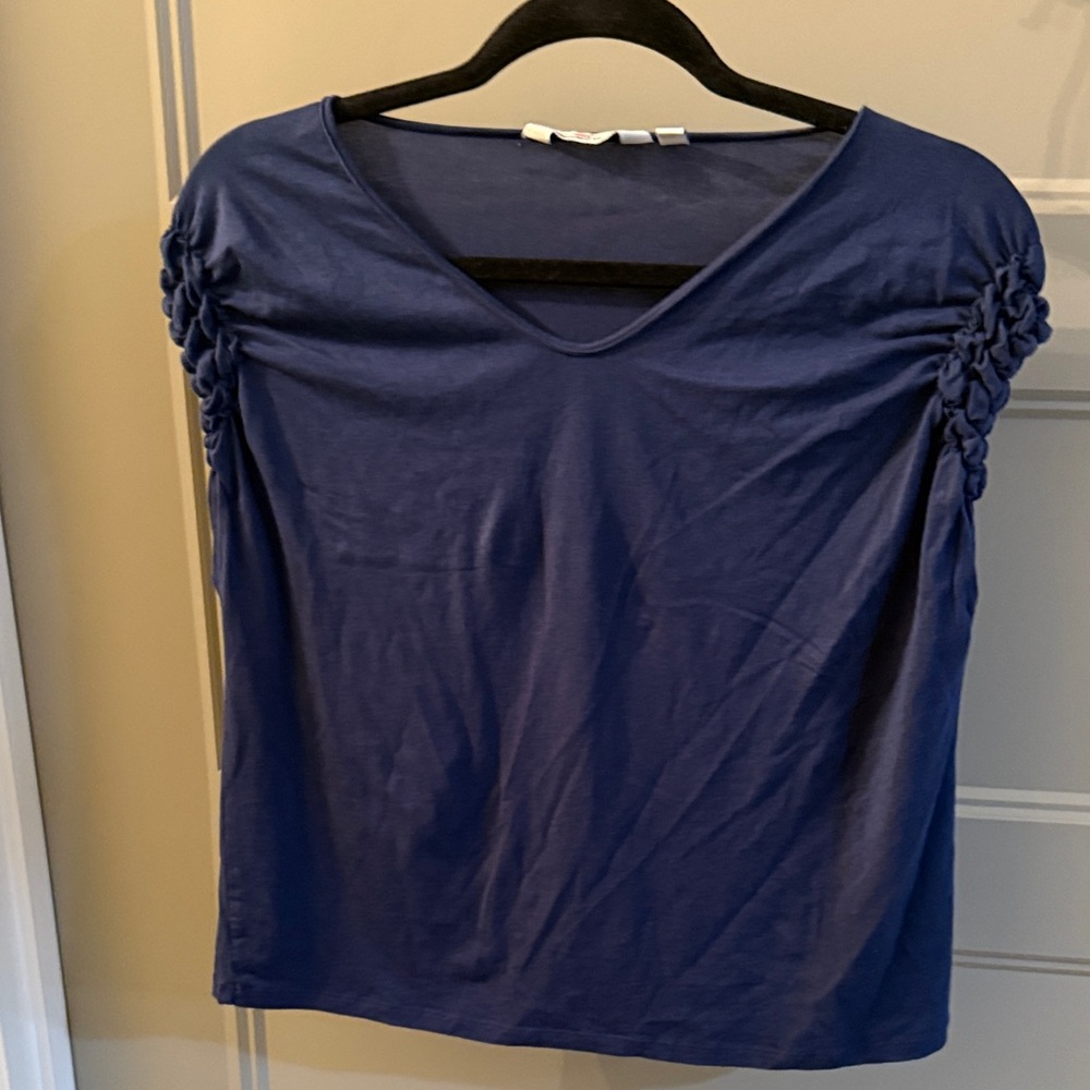 Vineyard Vines Navy V-Neck Blouse with Ruched Sleeves